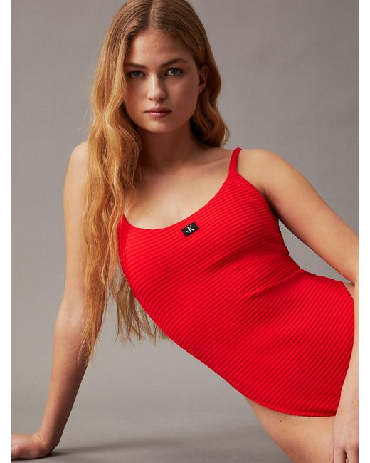 Calvin Klein Red Low Back Swimsuit - Ck Monogram Rib