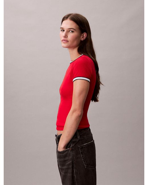 T-Shirt Da Neonato Con Logo Grafico A Coste Con Bordi A Contrasto di Calvin Klein in Red