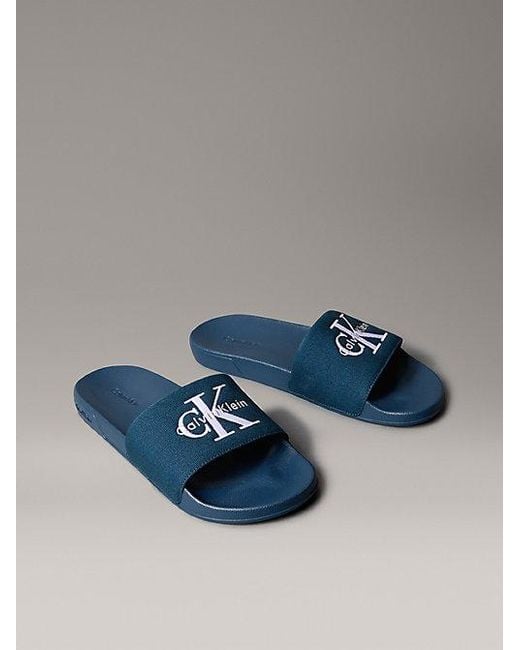 Calvin Klein Blue Canvas Contoured Logo Sliders for men