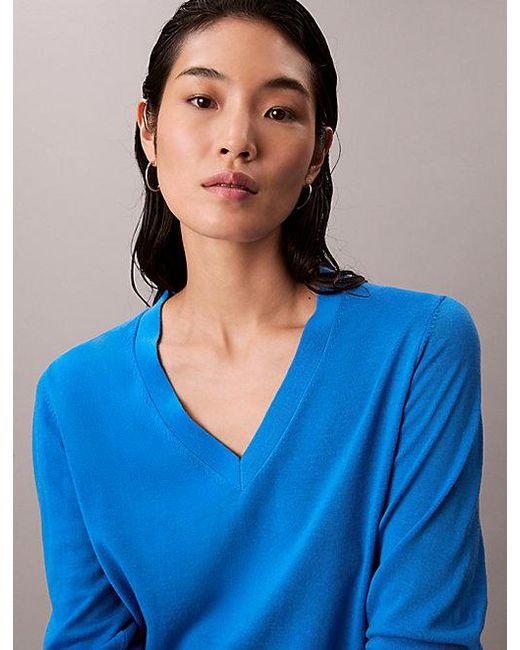 Calvin Klein Blue Merino Wool V Neck Jumper