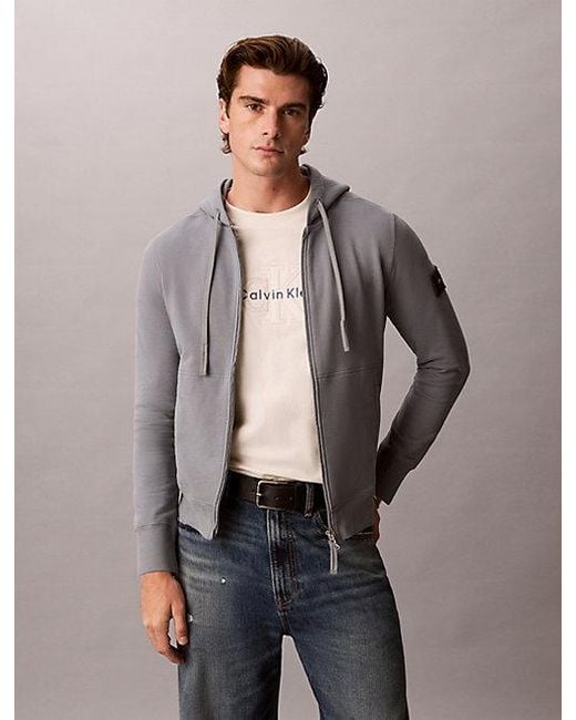 Calvin Klein Gray Jeans Cotton Terry Badge Zip Hoodie for men