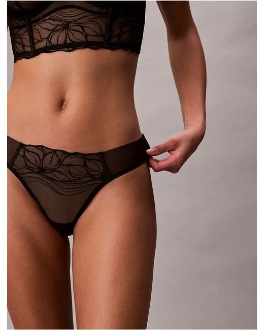 Calvin Klein Brown Thong Ck Floral Lace