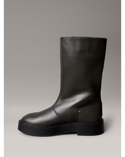 Calvin Klein Black Leather Stacked Heel Boots