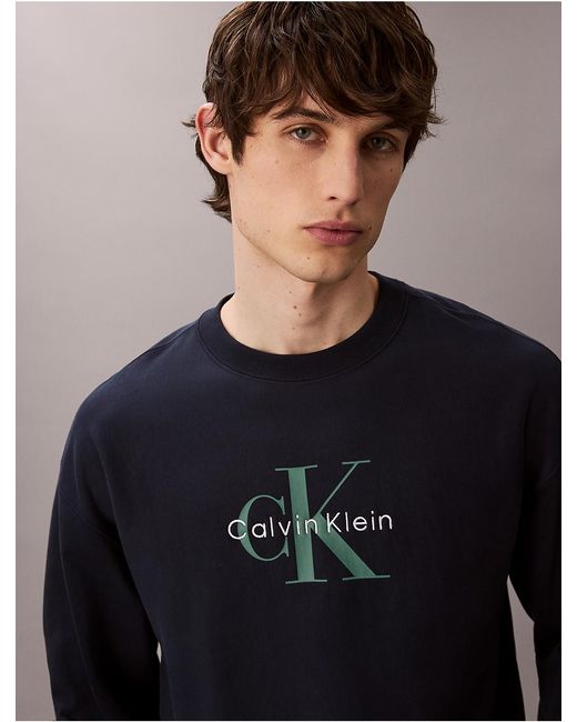 Calvin Klein Blue Calvin Klein Premium Terry Monogram Logo Relaxed Sweatshirt for men
