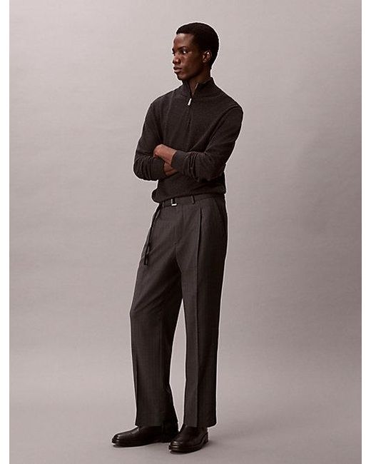 Calvin Klein Brown Straight Wool Blend Pinstripe Belted Trousers for men