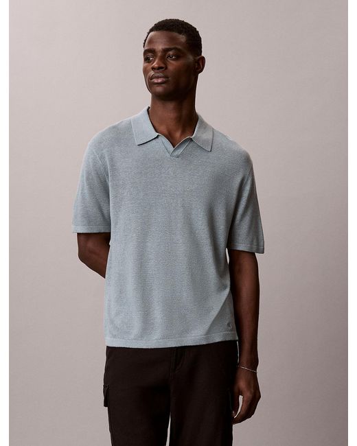Calvin Klein Gray Linen Blend Open Collar Polo Shirt for men