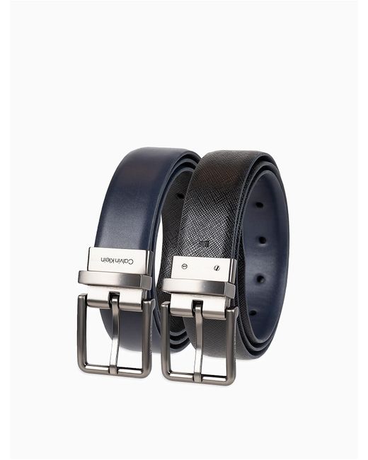 Reversible belt in dark brown saffiano and blue leather