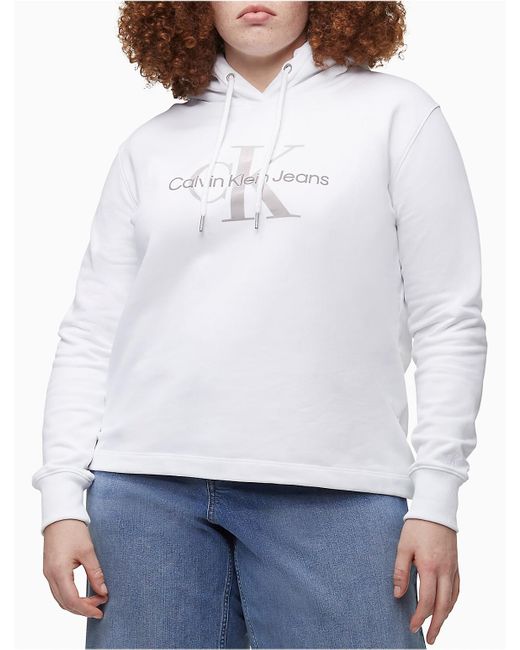 Calvin Klein White Plus Size Metallic Monogram Logo Hoodie