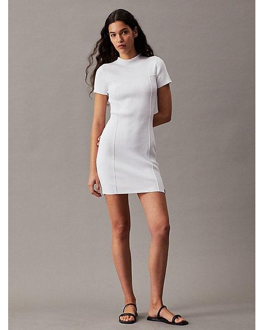 Calvin Klein White Schmales Sweatkleid aus gerippter Baumwolle