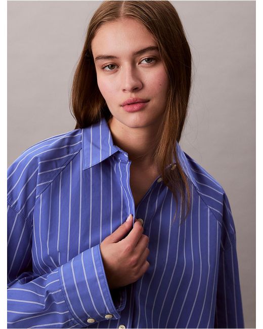 Calvin Klein Blue Stripe Cropped Boxy Button-Down Shirt