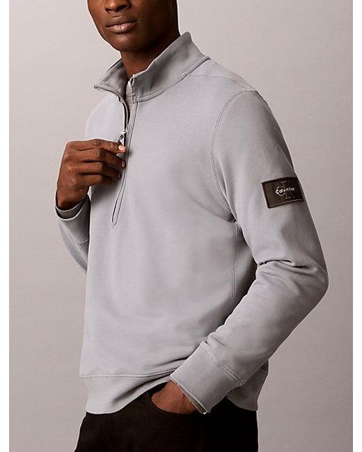 Calvin Klein Gray Jeans Cotton Terry Quarter Zip Sweatshirt for men