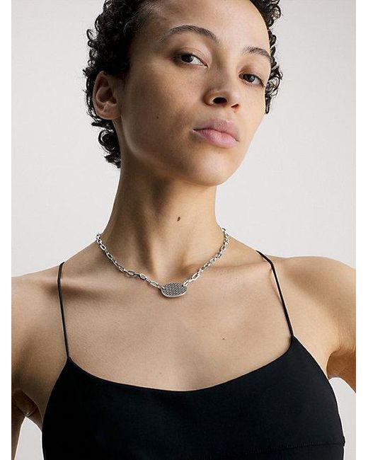 Calvin Klein White Oval Pendant Monogram Necklace