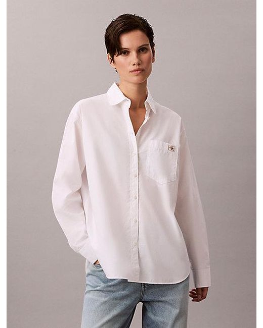 Calvin Klein White Jeans Woven Monologo Poplin Button Down Shirt