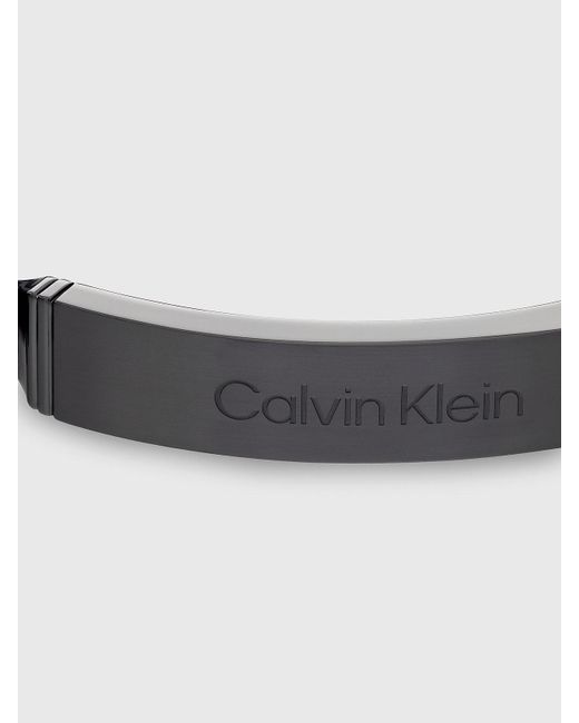 Calvin Klein Black Metal Logo Plaque Leather Bracelet for men