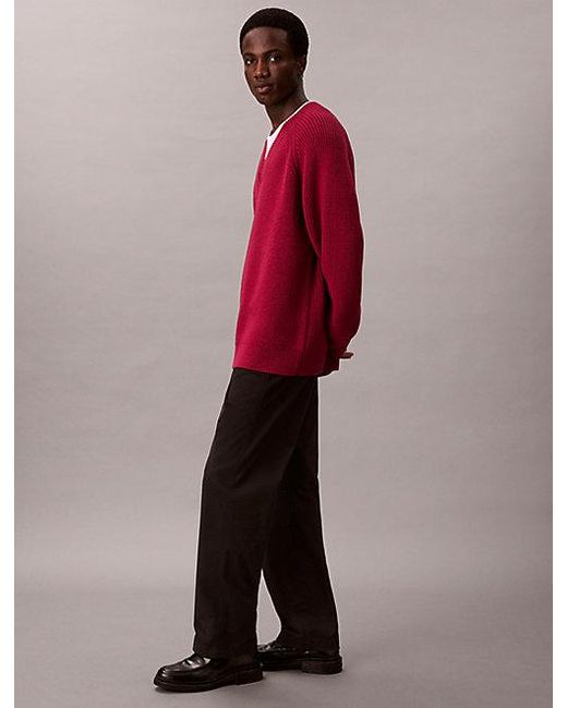 Calvin Klein Red Wool Blend V Neck Jumper for men