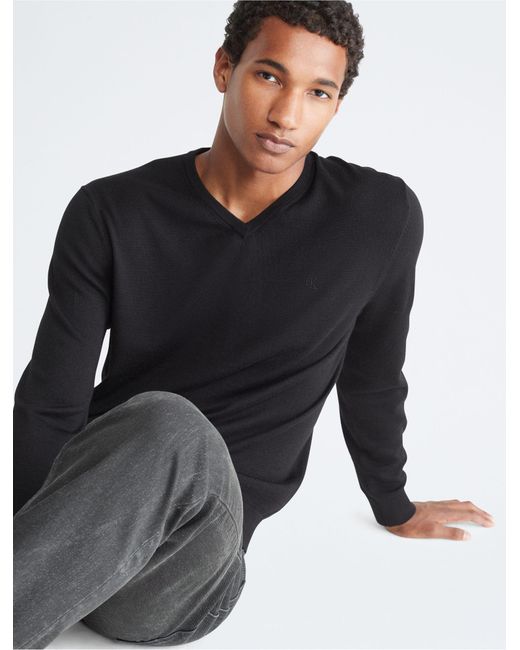 Calvin Klein Black Extra Fine Merino Wool Blend V-neck Sweater for men