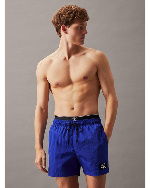 Calvin Klein Blue Double Waistband Swim Shorts - Ck Monogram for men
