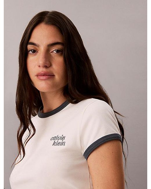 Calvin Klein White Ringer-T-Shirt Mit Besticktem Logo