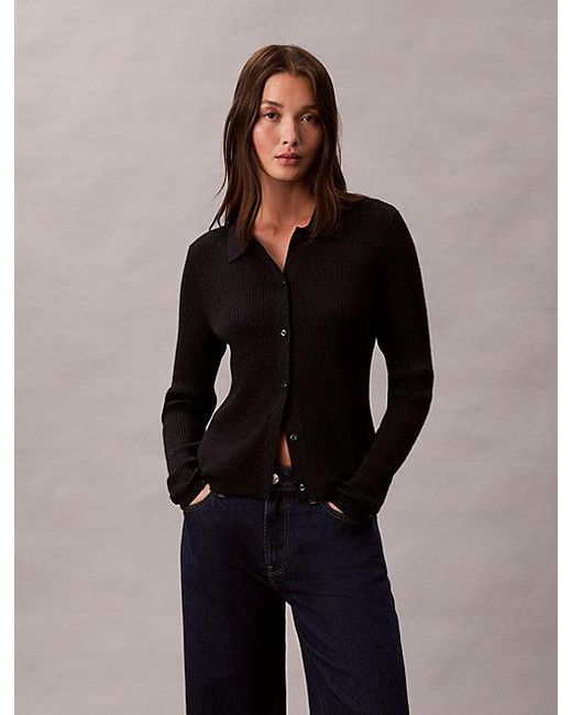 Calvin Klein Blue Jeans Wool Blend Rib Collared Cardigan