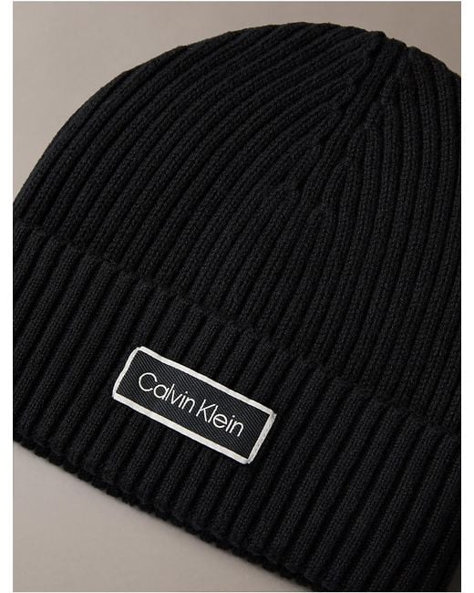 Calvin Klein Black Logo Patch Rib Beanie