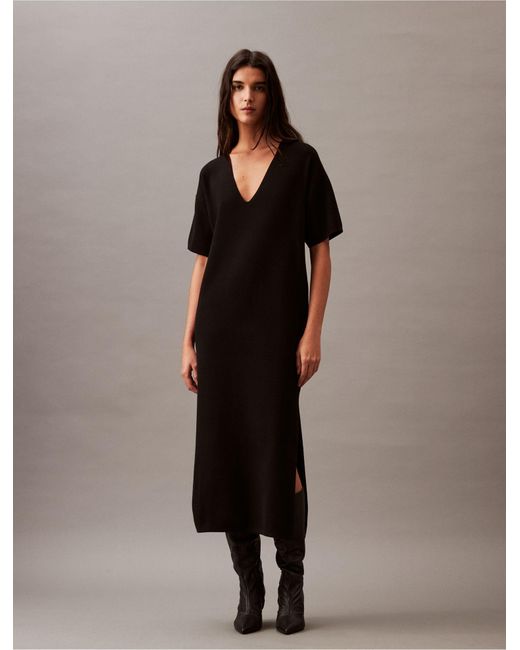 Calvin Klein Black Tech Knit V-neck Midi Dress