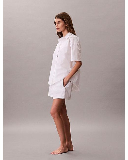 Calvin Klein Poplinkatoenen Button-Down Pyjamatop in het White