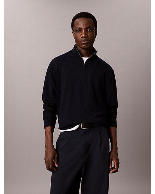 Calvin Klein Blue Merino Wool Quarter Zip Jumper for men