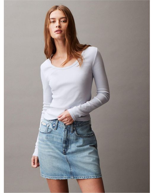 Calvin Klein Blue Cotton Contour Rib Slim Fit Long Sleeve T-shirt