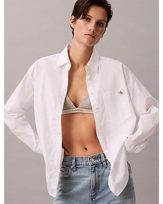 Calvin Klein White Jeans Woven Monologo Poplin Button Down Shirt