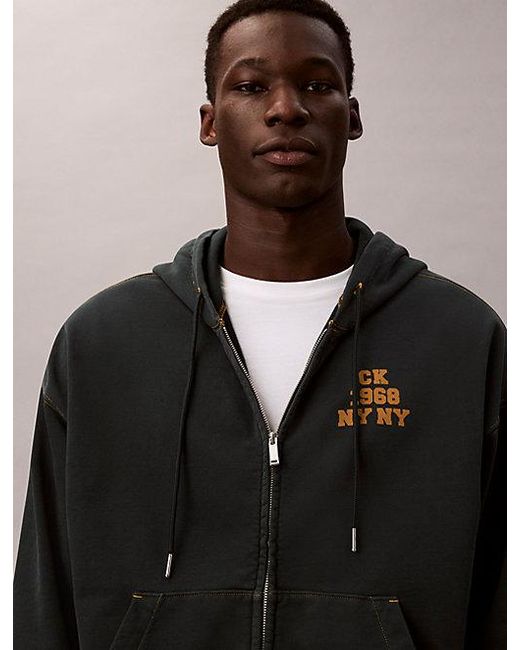 Calvin Klein Brown Jeans Washed Fleece Logo Graphic Relaxed Hoodie for men