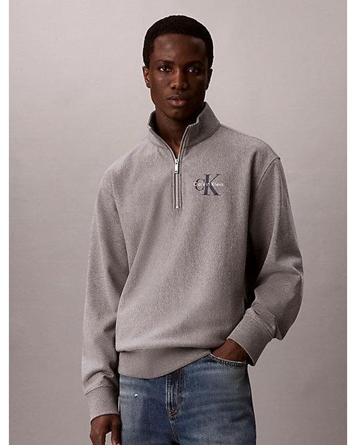 Calvin Klein Gray Premium Terry Quarter Zip Sweatshirt for men