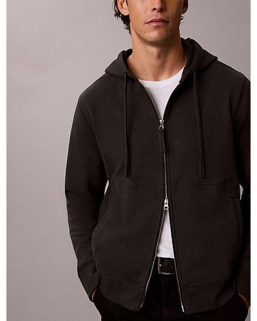 Calvin Klein Black Jeans Cotton Terry Badge Zip Hoodie for men