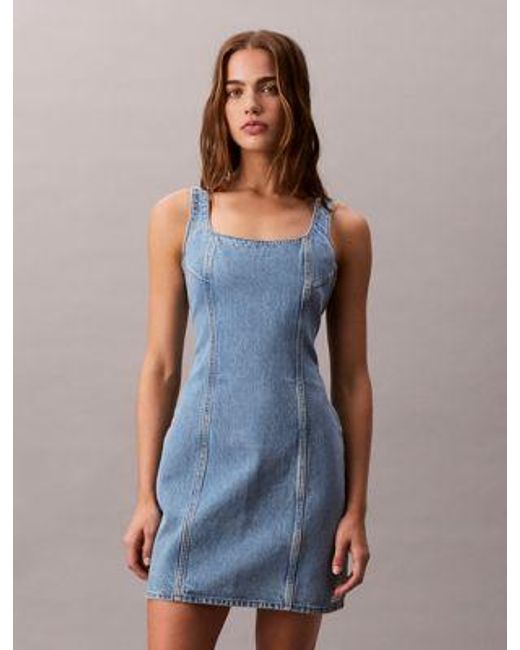 Vestido corto denim con cuello abierto Calvin Klein de color Blue