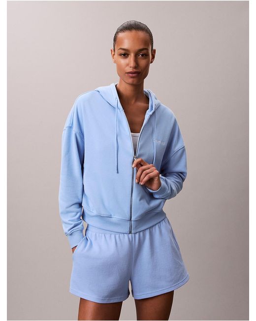 Calvin Klein Blue Cotton Terry Blend Zip Lounge Hoodie