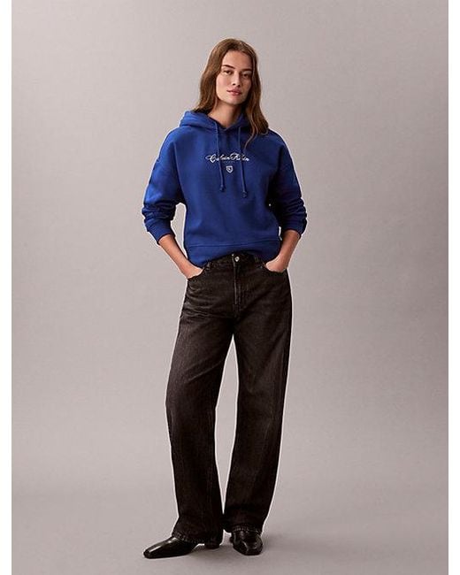 Calvin Klein Blue Jeans Fleece Script Logo Graphic Cropped Hoodie