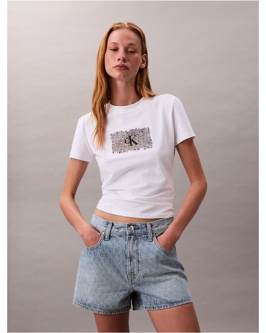 Calvin Klein White Calvin Klein Slim Floral Monogram Logo Tee