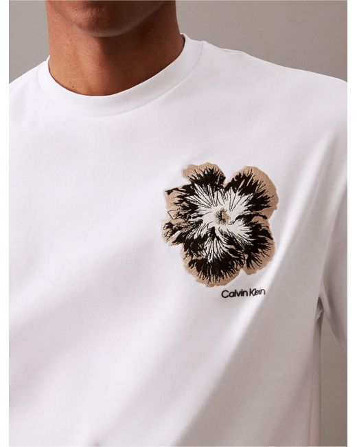 Calvin Klein White Embroidered Night Flower Classic Crewneck T-shirt for men