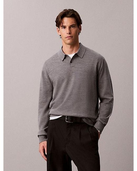 Calvin Klein Gray Merino Wool Polo Jumper for men