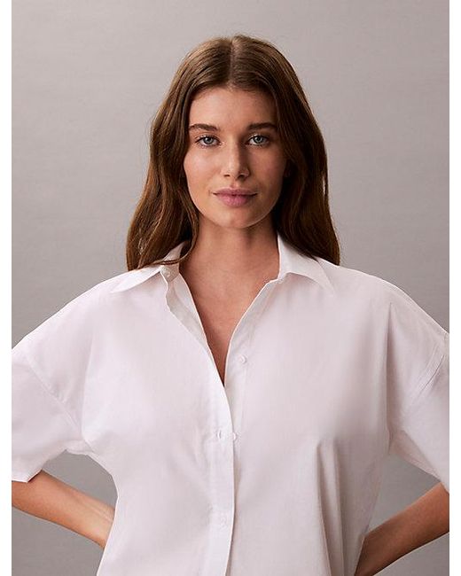 Calvin Klein Poplinkatoenen Button-Down Pyjamatop in het White