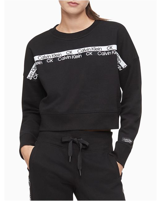Calvin Klein Cotton Performance Double Logo Tape Cropped Sweatshirt in Black  | Lyst