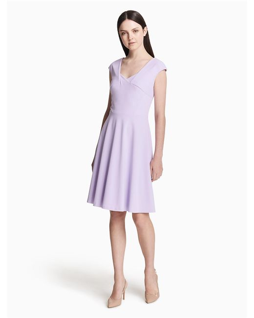 Calvin Klein Purple Square Neck Cap Sleeve Fit + Flare Dress