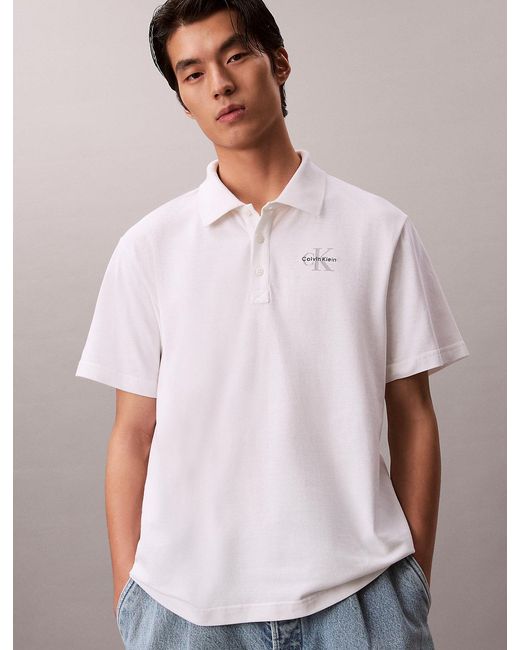 Calvin Klein White Cotton Piqué Monogram Polo Shirt for men