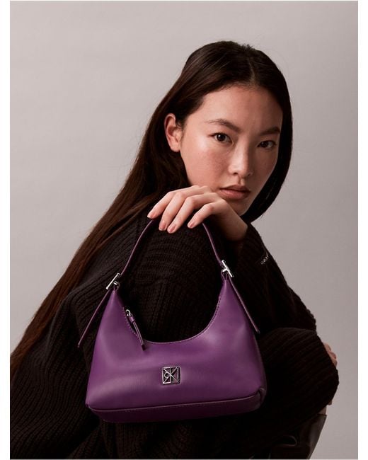 Calvin Klein Purple Monogram Logo Emblem Leather Small Shoulder Bag