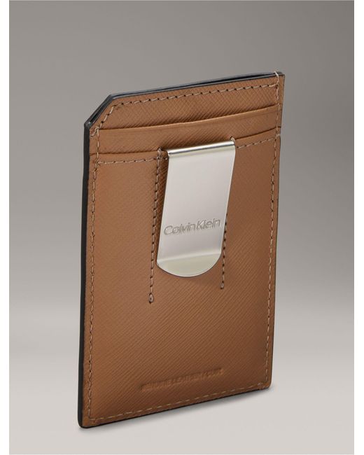 Calvin Klein Brown Refined Saffiano Card Case + Money Clip for men