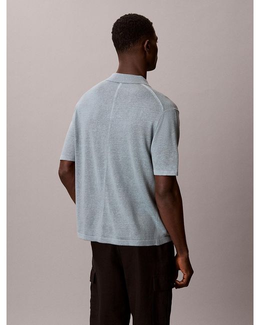 Calvin Klein Gray Linen Blend Open Collar Polo Shirt for men