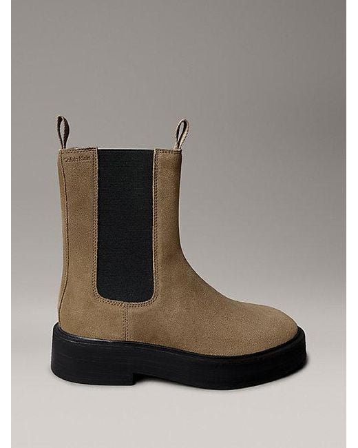 Calvin Klein Gray Jeans Suede Stacked Heel Chelsea Boots