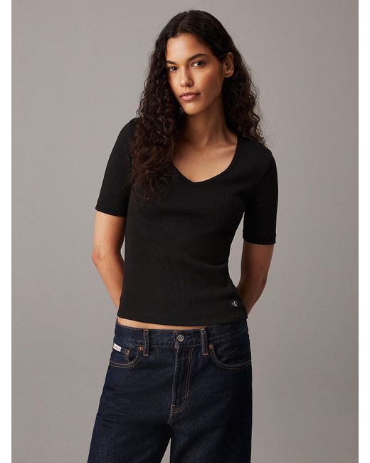 Calvin Klein Black Slim Ribbed V-Neck T-Shirt