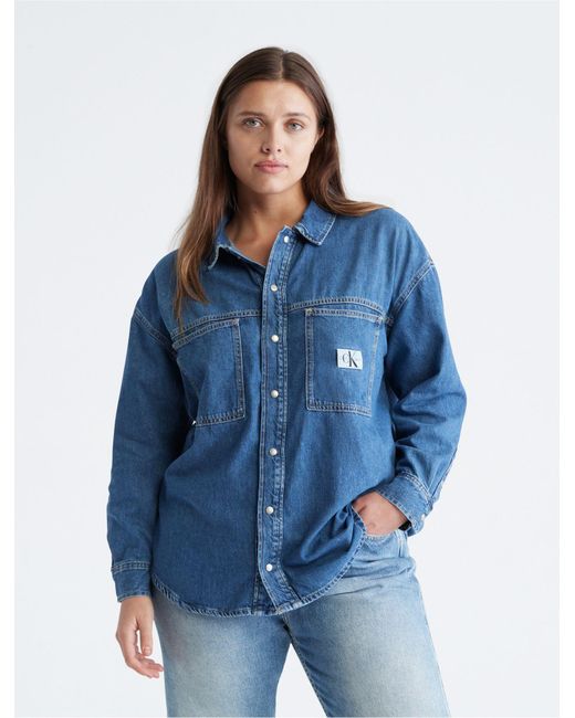 Calvin Klein Size Denim Utility Shirt Jacket in Blue | Lyst