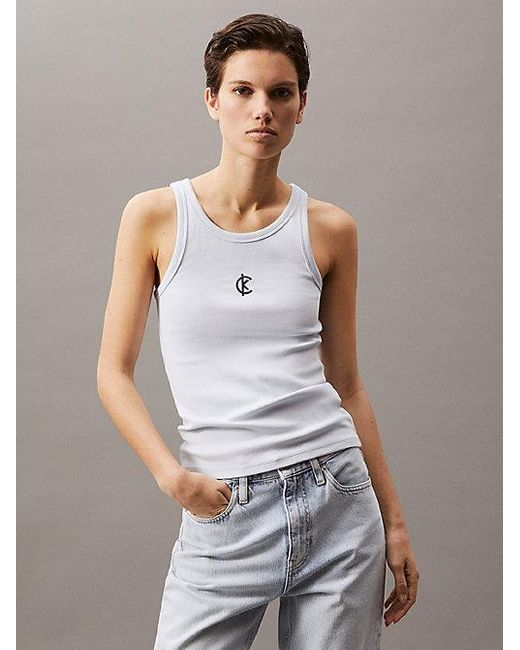Camiseta de tirantes con logo de canalé de algodón Calvin Klein de color Gray