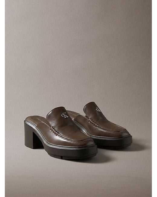 Calvin Klein Brown Leather Platform Block Heel Mules